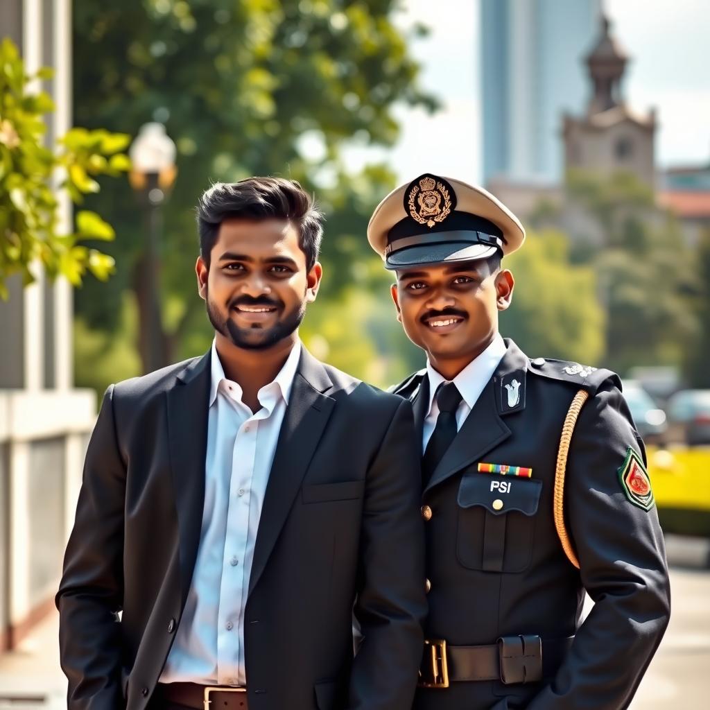 A beautiful couple portrait featuring a Sri Lankan young lawyer and a Sri Lankan young police officer, both dressed in professional attire