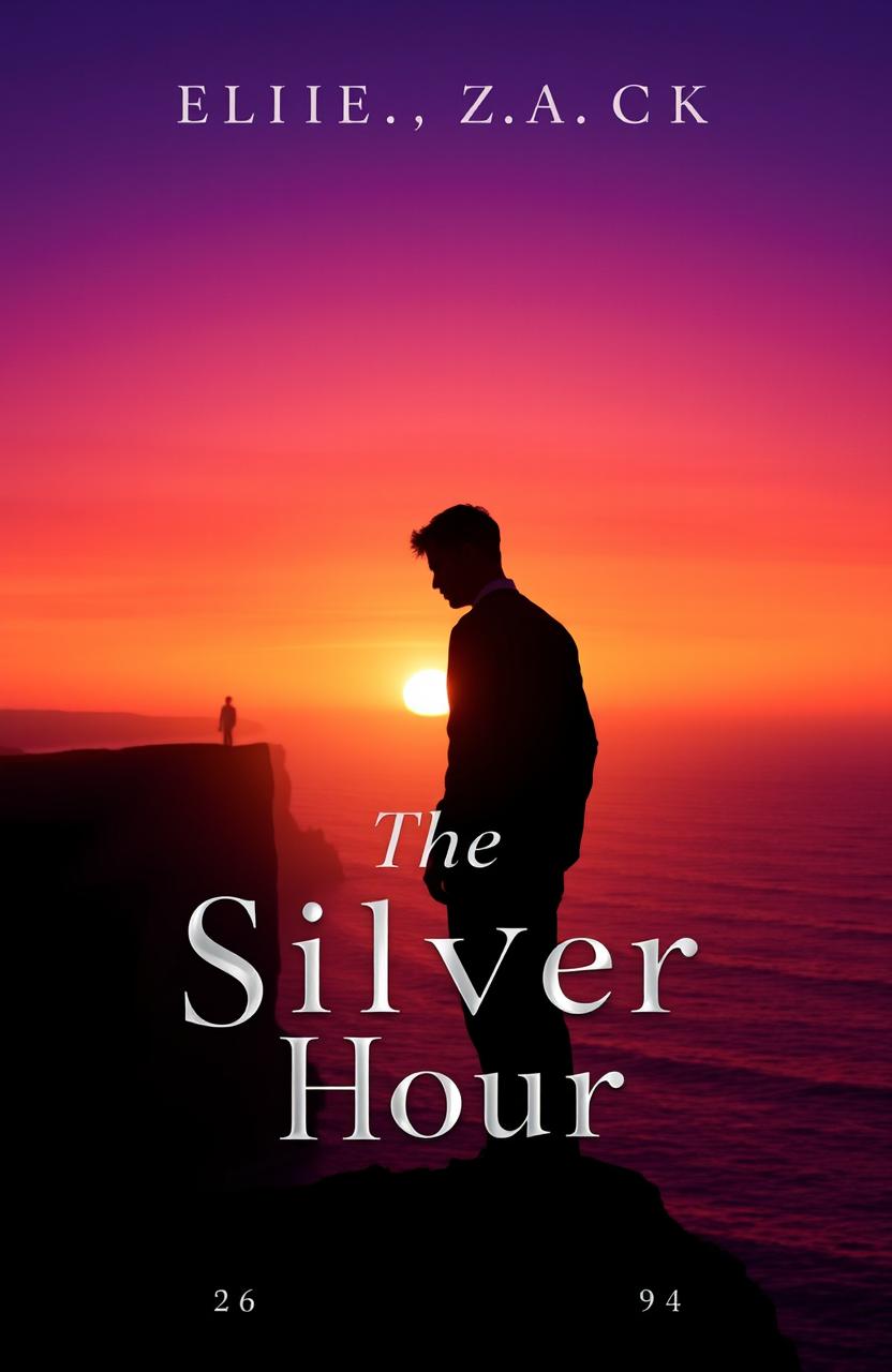 A serene and melancholic coastal cliff scene at dusk, featuring a character named Eli standing at the cliff's edge, gazing into the horizon