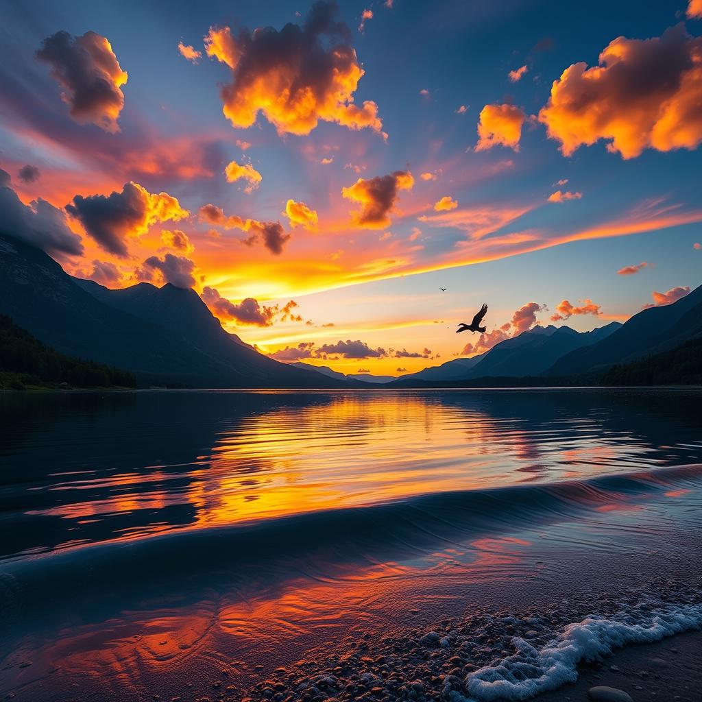 A serene landscape showcasing a vibrant sunset over a calm lake, surrounded by lush greenery and towering mountains in the background