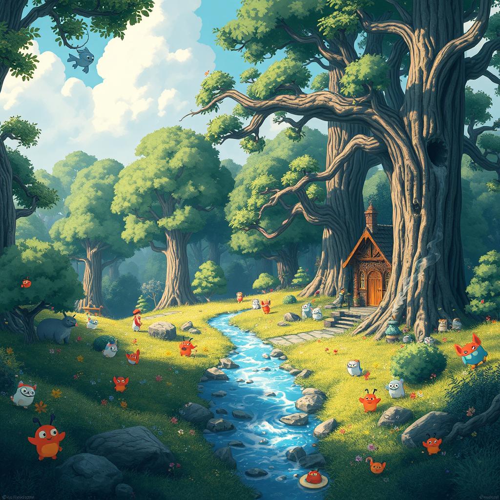 A whimsical and magical forest scene reminiscent of Studio Ghibli's art style, featuring a lush landscape filled with vibrant colors, towering ancient trees, and a sparkling stream flowing through the center