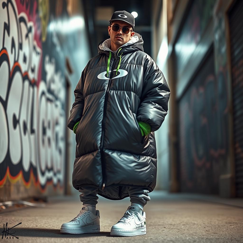 An eye-catching streetwear ensemble that combines the sporty aesthetic of Oakley, the iconic Nike Air Force 1 sneakers, and a trendy puffer jacket