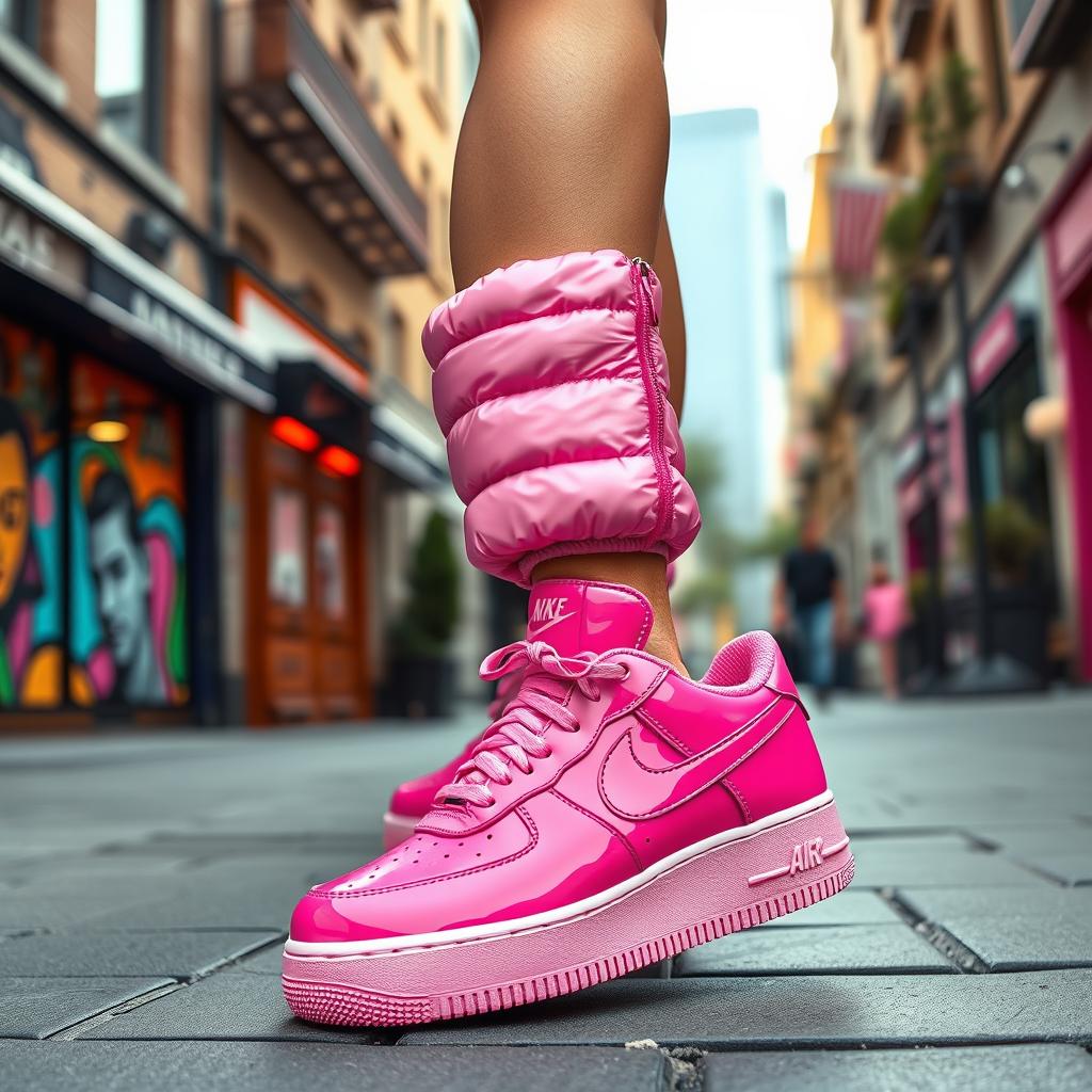 A bold and stylish footwear design that blends the classic silhouette of Air Force 1 sneakers with the cozy elements of a puffer shoe