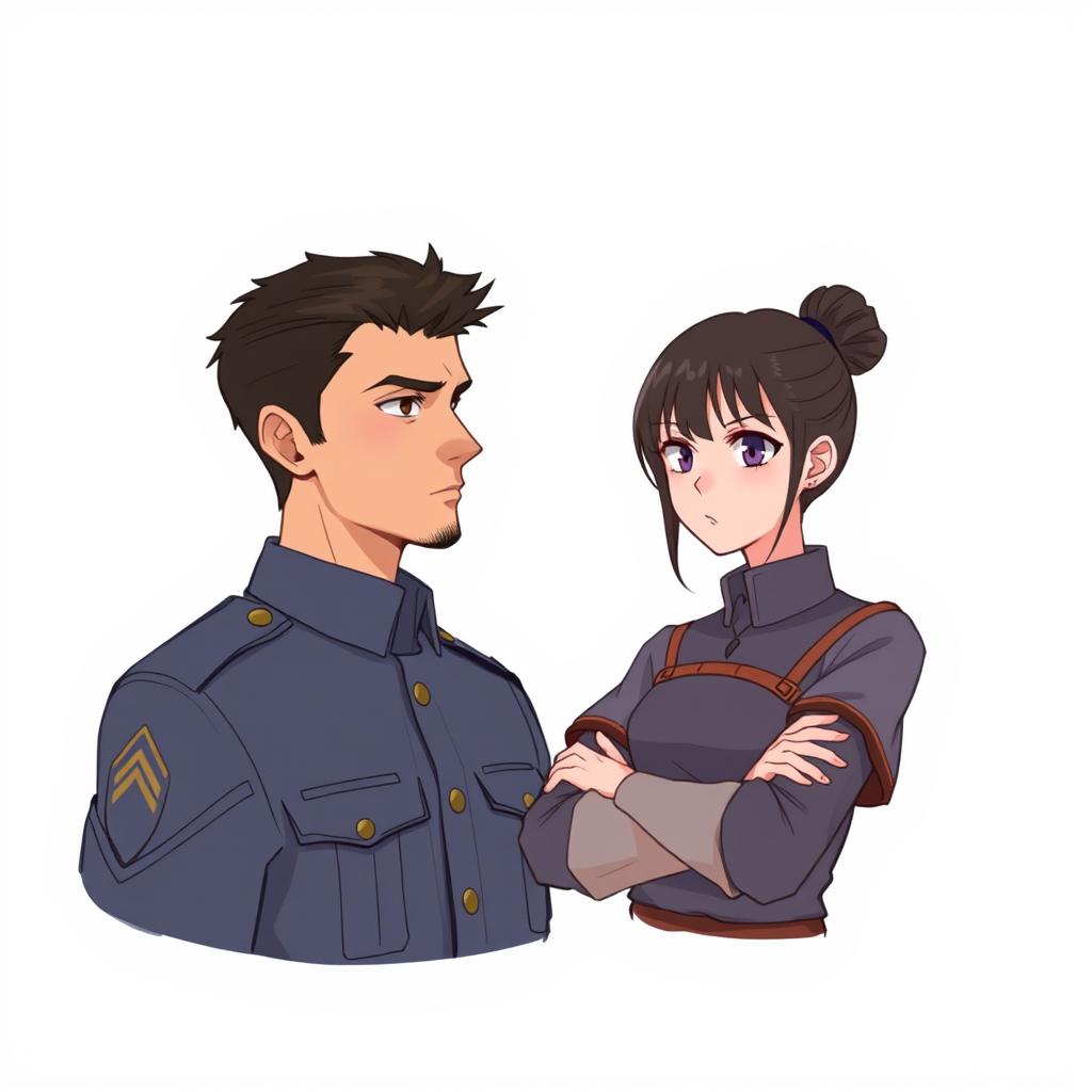A handsome military man with a slight stubble gazes at a girl standing in front of him with her arms crossed