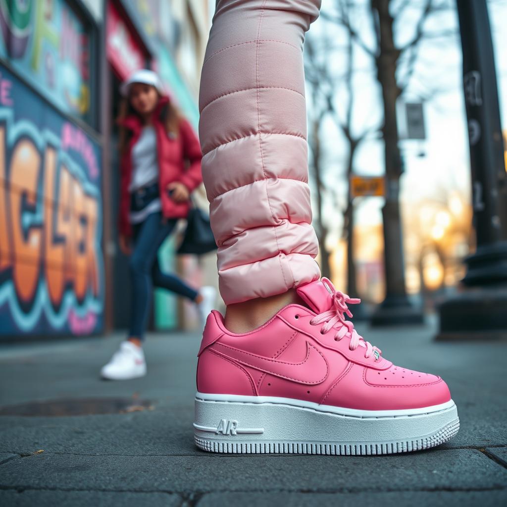 A stylish and contemporary footwear design that marries the classic Air Force 1 silhouette with the cozy aesthetic of puffer shoes, featuring a striking pink color palette