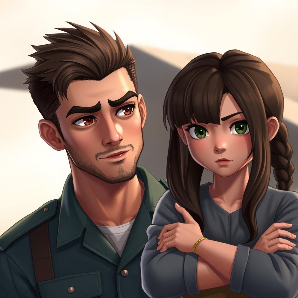 A handsome military man with a slight stubble is looking at a girl standing in front of him with her arms crossed