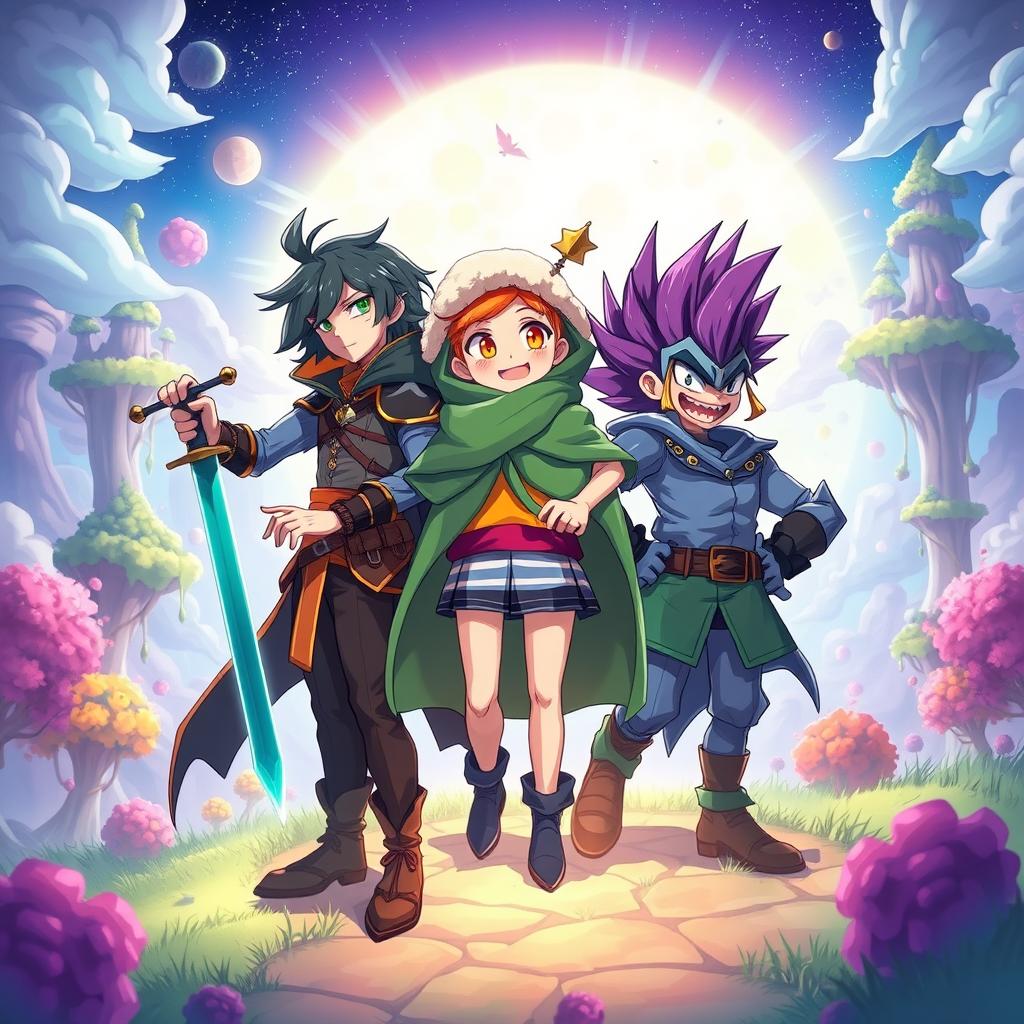 An epic illustration representing the main characters from Deltarune: Kris, Ralsei, and Susie, in a mystical fantasy landscape filled with vibrant colors