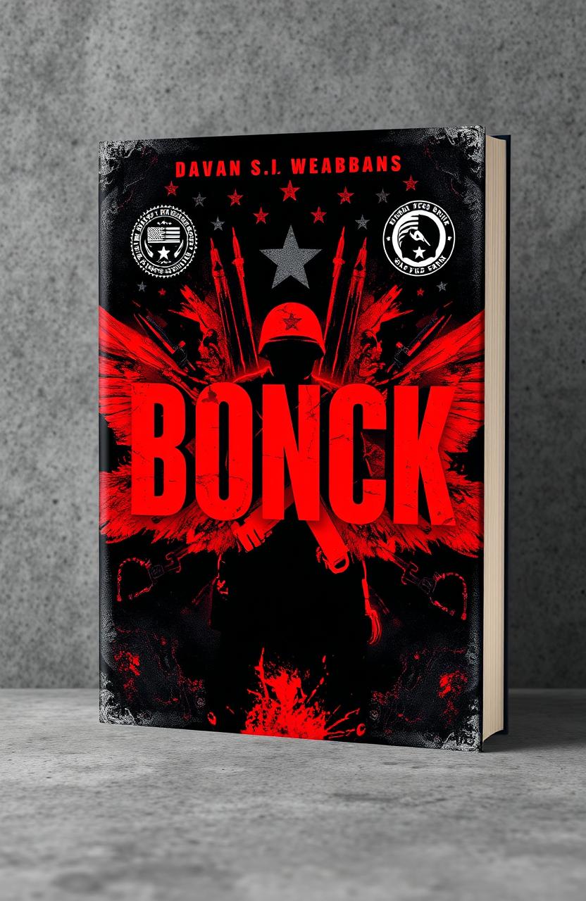 A striking book cover design in bold red and black colors, featuring military details such as insignias, camouflage patterns, and possibly a silhouette of a soldier or military equipment, all centered on a backdrop of a textured surface that enhances the dramatic effect