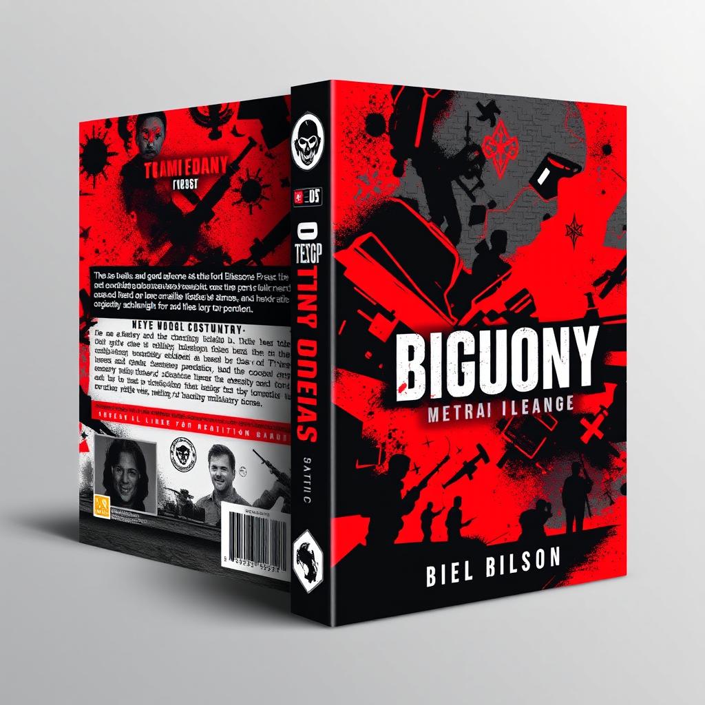 A dynamic book cover design in red and black colors, incorporating military elements such as tactical symbols, camouflage patterns, and perhaps silhouettes of military vehicles or personnel