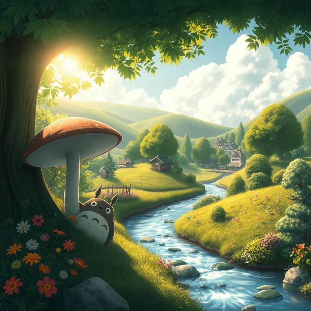 A whimsical and magical scene inspired by Studio Ghibli films, featuring lush green forests with towering trees, vibrant flowers, and a serene river flowing through the landscape