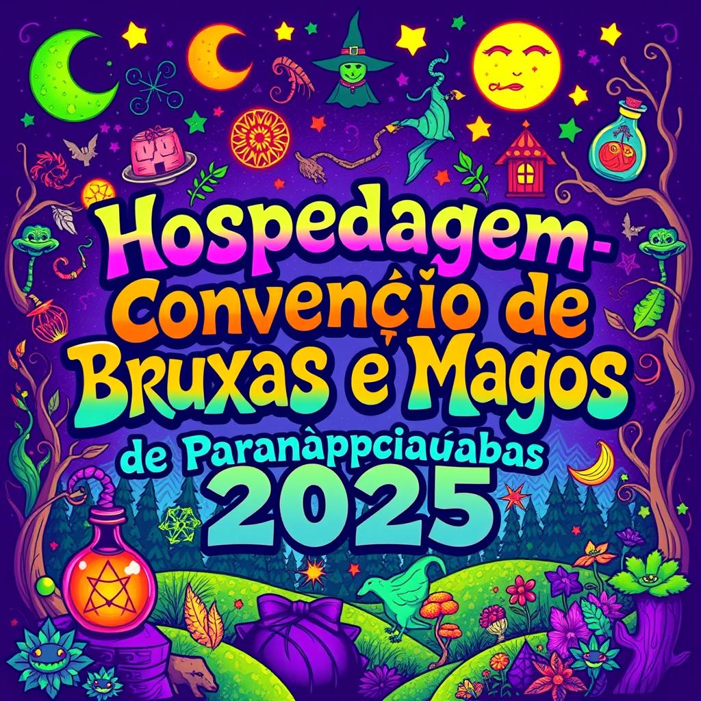 A vibrant and colorful artwork featuring the text 'Hospedagem - Convenção de Bruxas e Magos de Paranapiacaba 2025' written in psychedelic, swirling letters