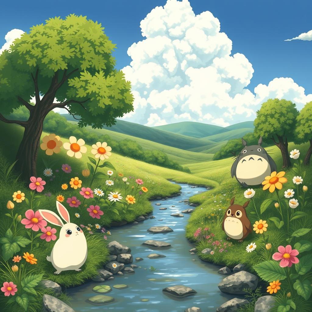 A charming landscape in Studio Ghibli style, featuring a lush green forest filled with whimsical, oversized flowers and plants
