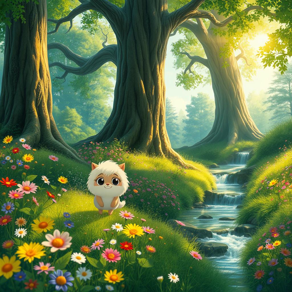 A whimsical scene featuring a lush, green forest adorned with vibrant wildflowers under a bright, sunny sky