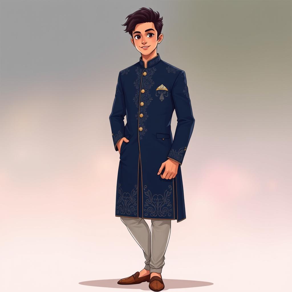 A full-body portrait of a 20-year-old Indian man in an anime style, dressed in an elegant navy blue Jodhpuri suit