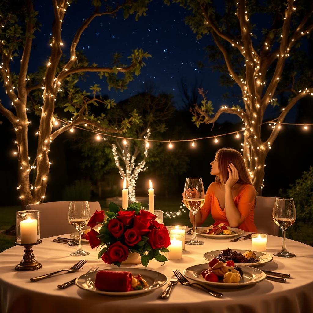 A beautifully set romantic dinner under the stars, with a candle-lit table adorned with elegant dinnerware and a bouquet of red roses