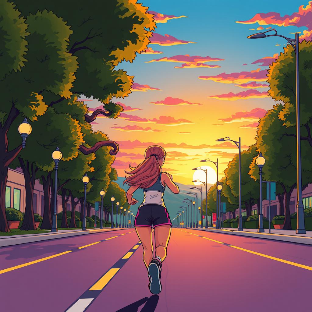 A vibrant cartoon-style depiction of a woman running down a street from a back view