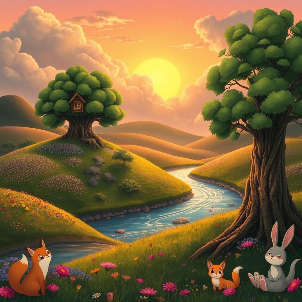 A lush, vibrant landscape inspired by the magical worlds of Studio Ghibli
