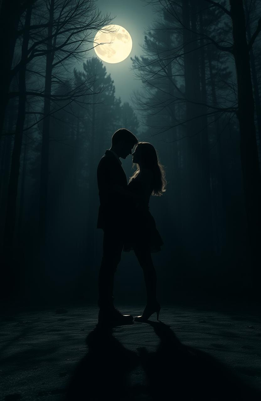 A hauntingly beautiful scene that captures the essence of forbidden love, featuring two silhouettes standing under a moonlit sky, with intricate shadows intertwining on the ground