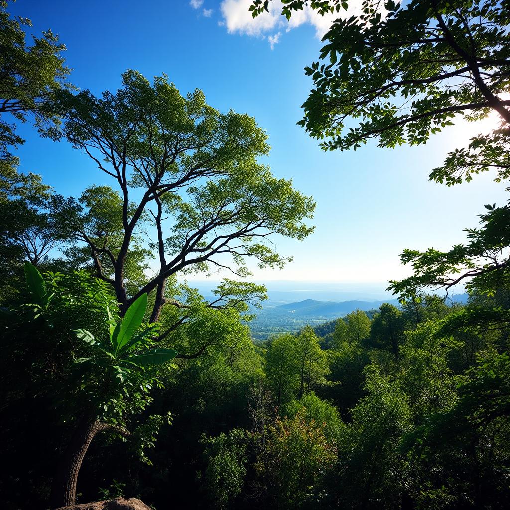 A natural landscape photo capturing a serene view with lush greenery, clear skies, and soft sunlight filtering through trees
