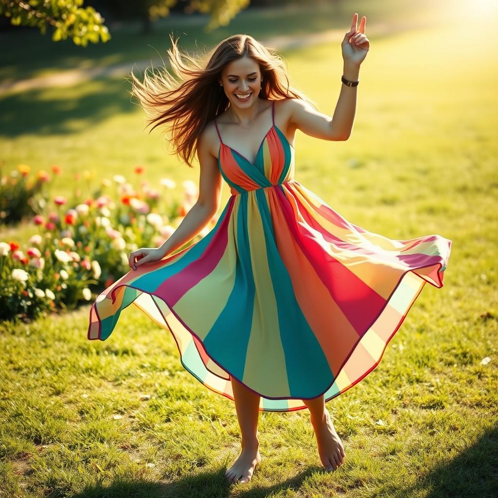 A vibrant scene of a 25-year-old woman dancing barefoot, exuding joy and freedom