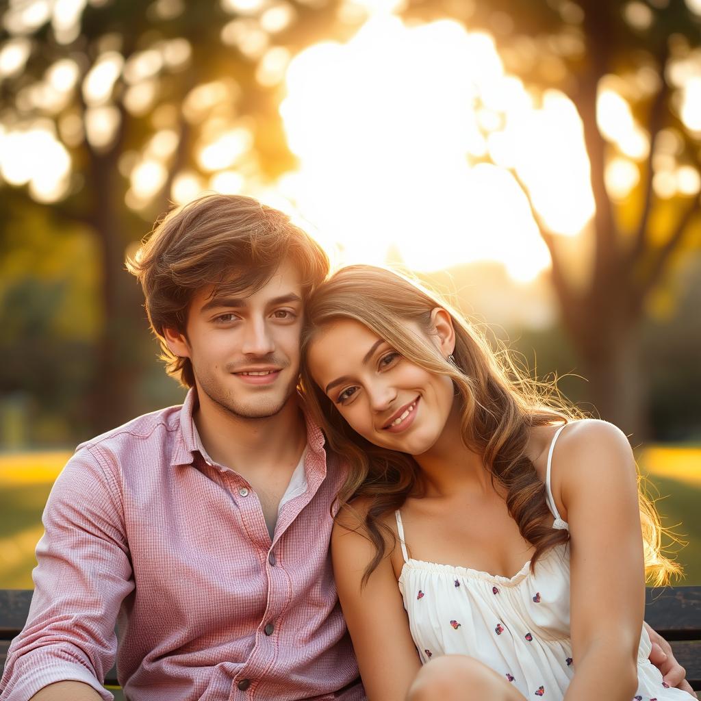 A romantic scene of a young couple sitting close together, the girl resting her head on the boy's shoulder in a cozy, intimate moment
