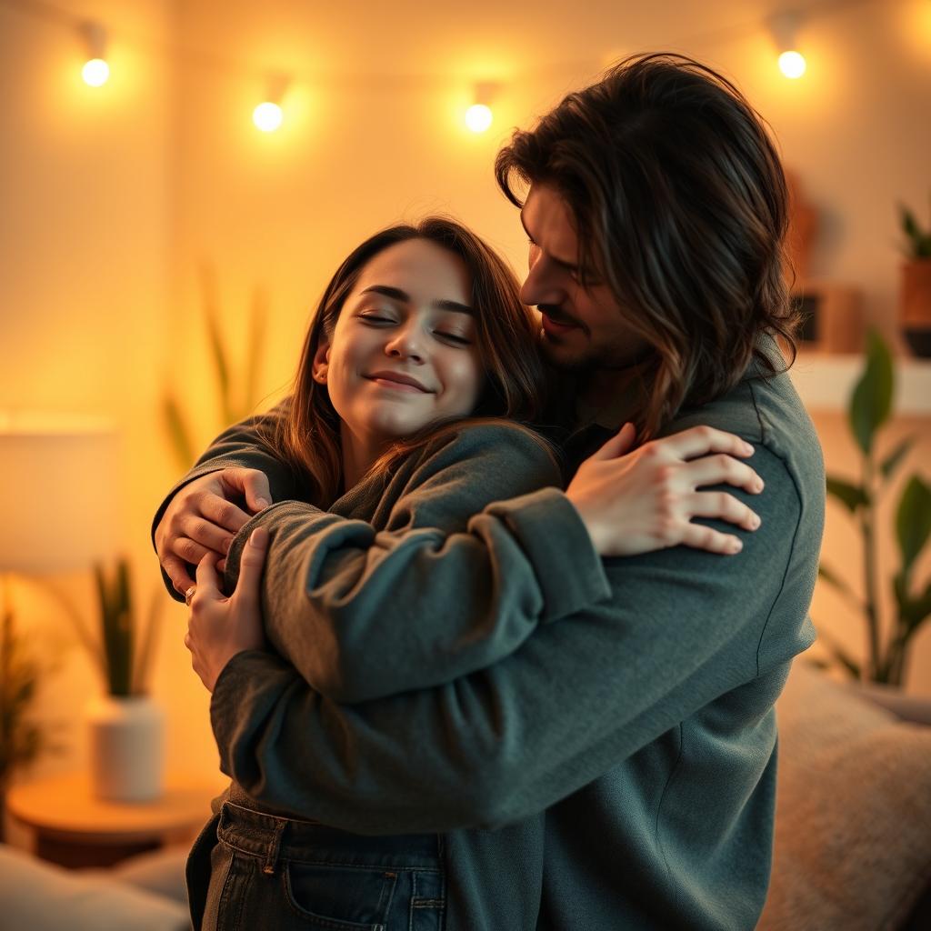 A warm and intimate scene of a couple embracing, with one partner holding the other gently in their arms