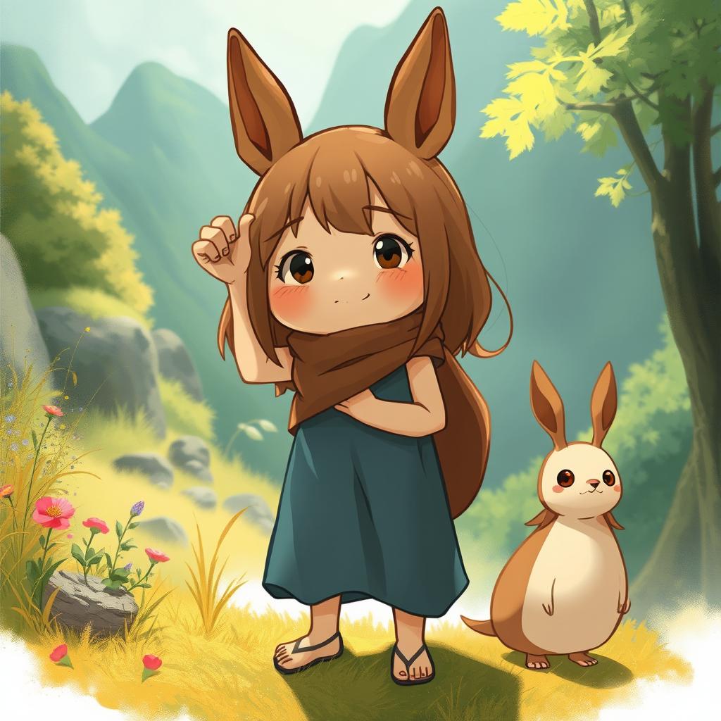 Transform the image to fit the visual universe of Studio Ghibli, maintaining the background and the pose