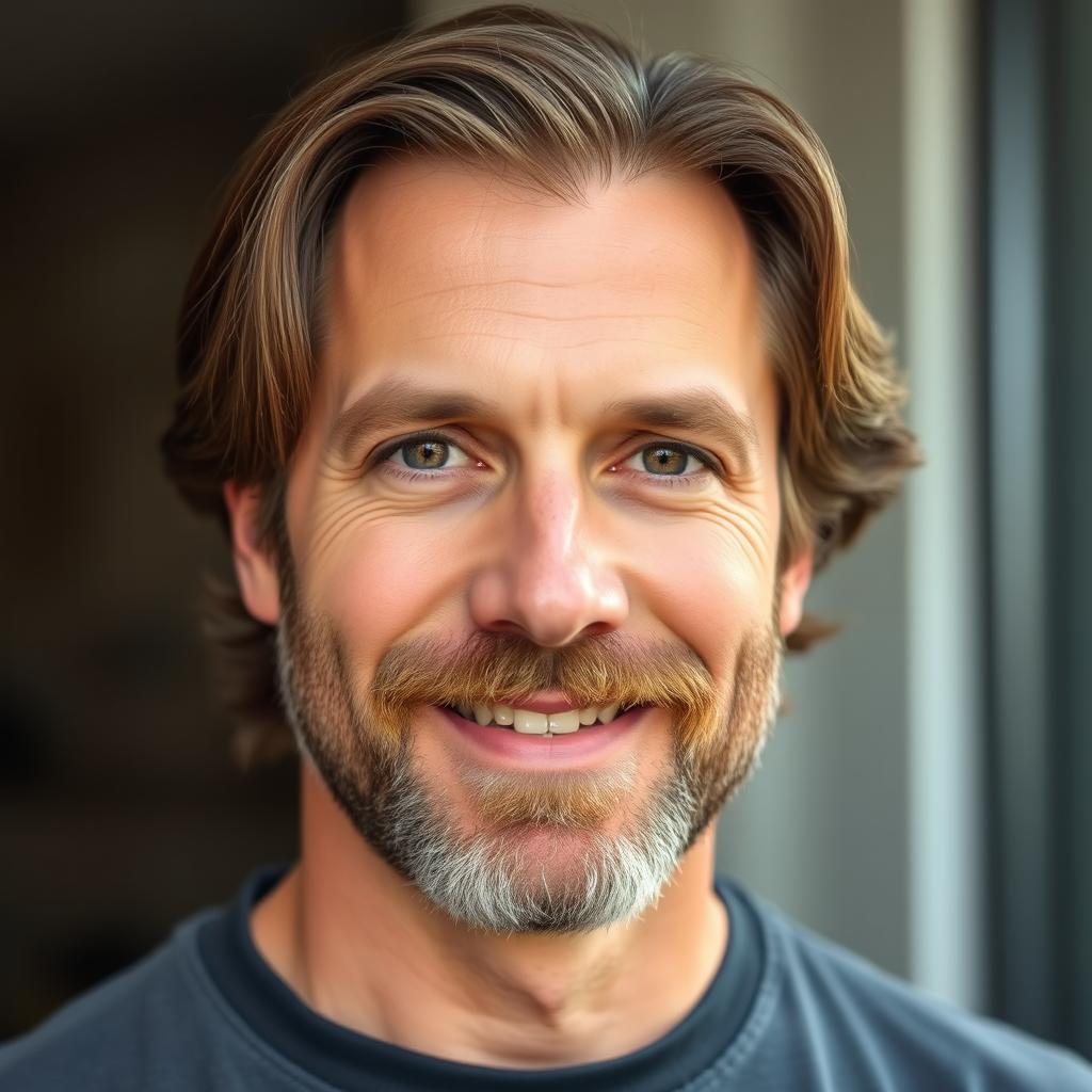 A close-up portrait of a man in his 40s, showcasing a well-groomed beard and medium-length brown hair