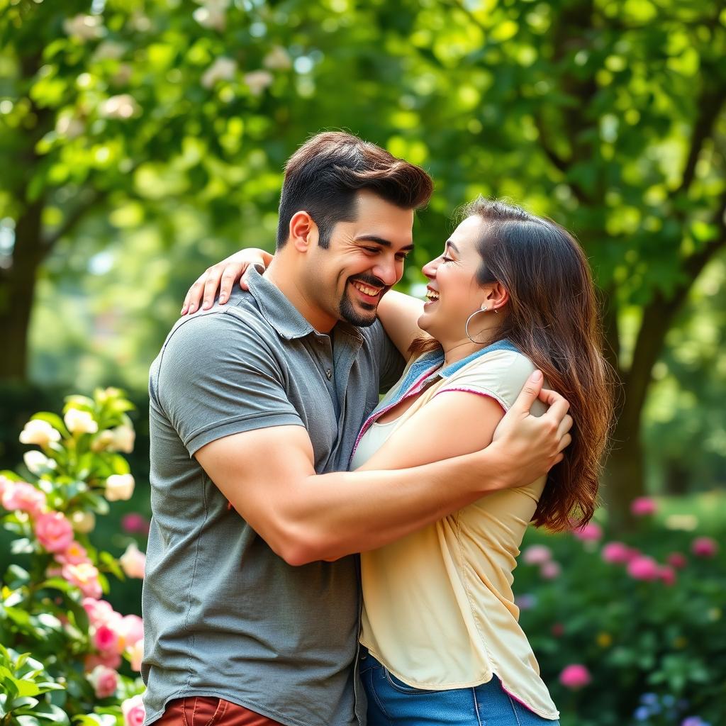 An affectionate and tender moment between a couple, with one partner holding the other tightly in a warm embrace