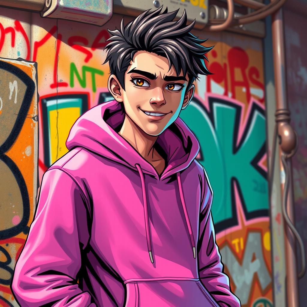 An artistic interpretation of a character inspired by the name 'Pinkman', featuring a young male wearing a bright pink hoodie, with an energetic expression
