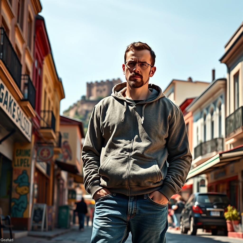 A detailed scene featuring Jesse Pinkman, the iconic character from the TV series Breaking Bad, standing in a vibrant street of Tbilisi, Georgia