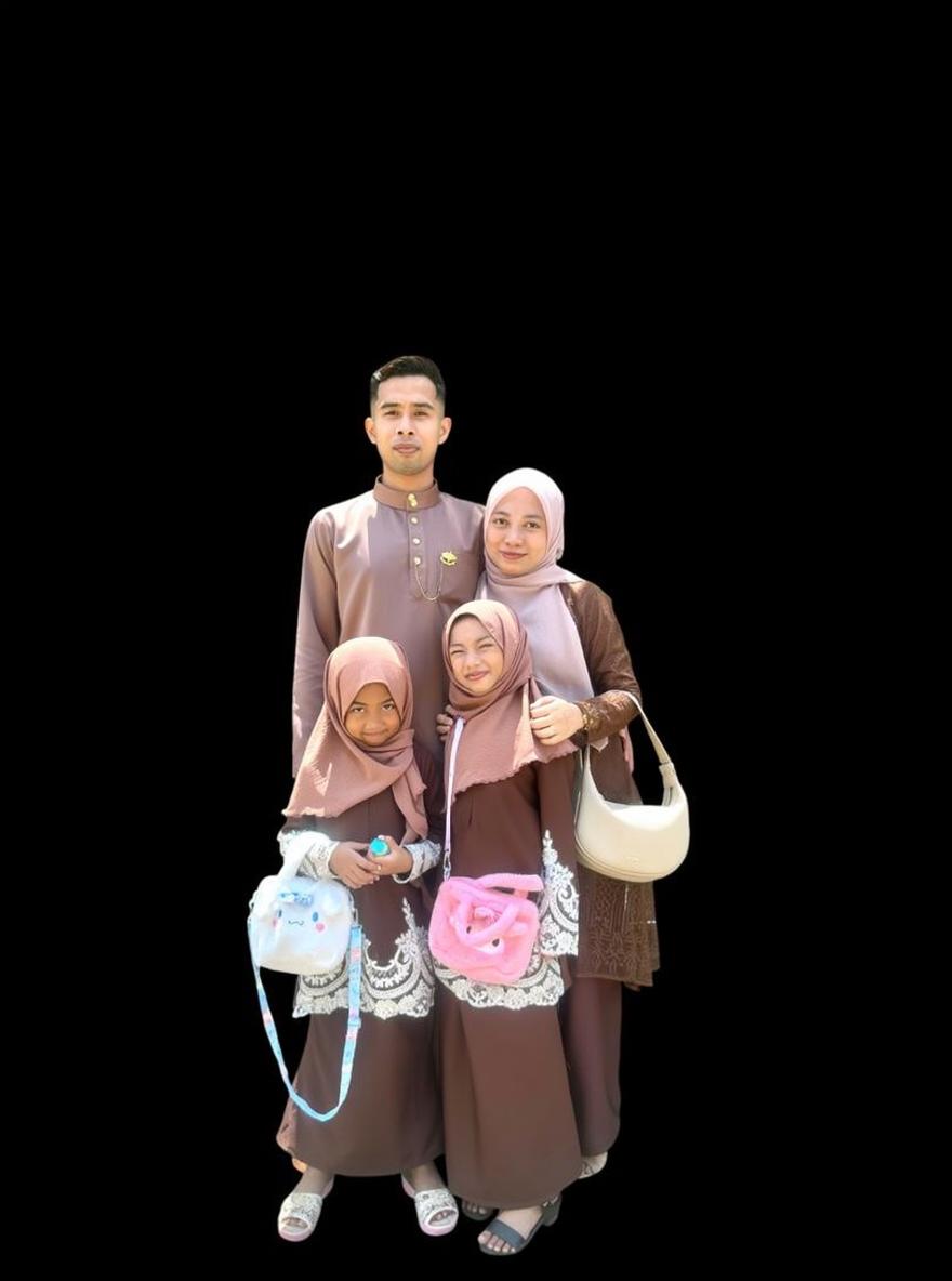 A family portrait featuring two girls and a young couple, all dressed in traditional, modest attire