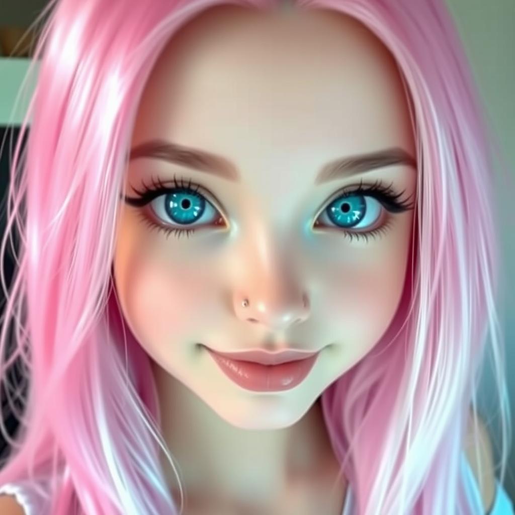 A girl with long pink hair cascading down her shoulders, sparkling turquoise eyes that catch the light, and a delicate piercing under her thin lips, giving her a unique and stylish appearance