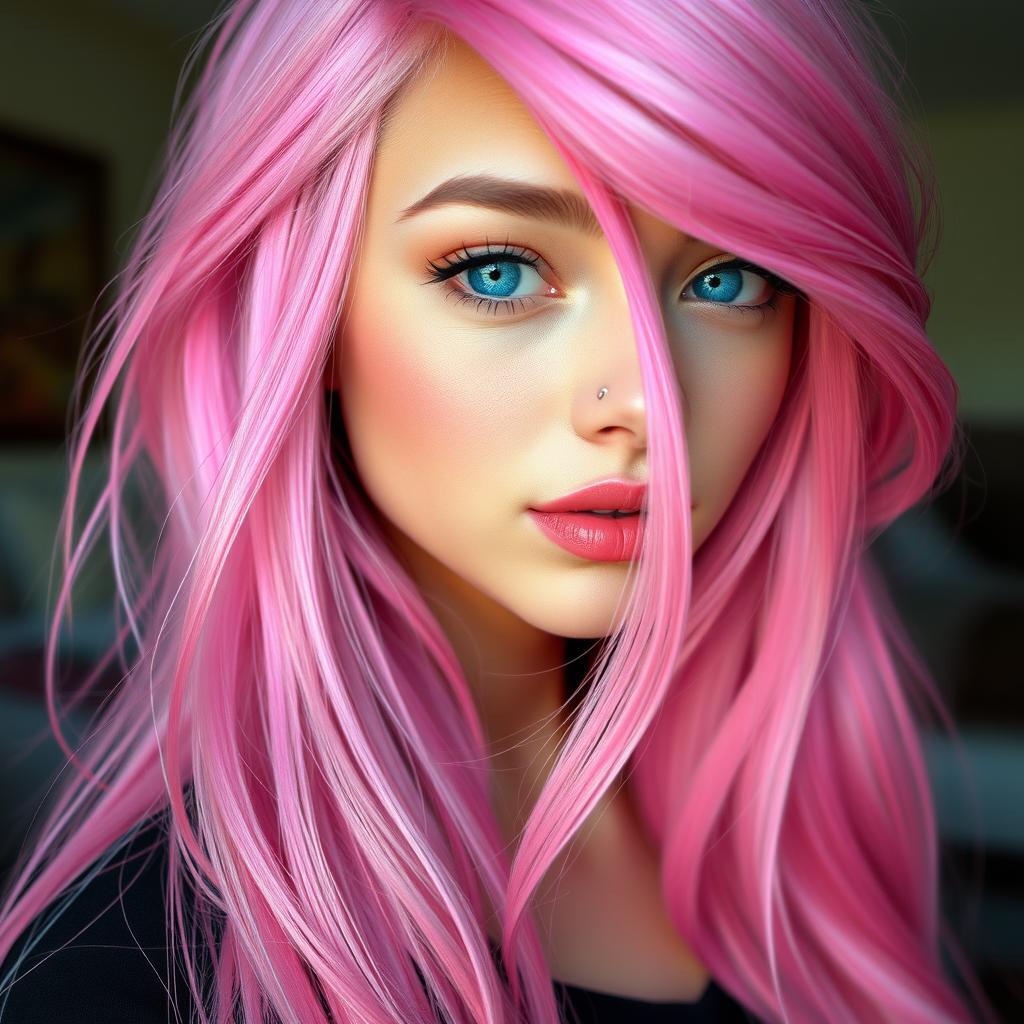 A girl with long pink hair that flows gracefully, sparkling turquoise eyes that express warmth and curiosity, and a subtle piercing under her thin lips that adds an edge to her look