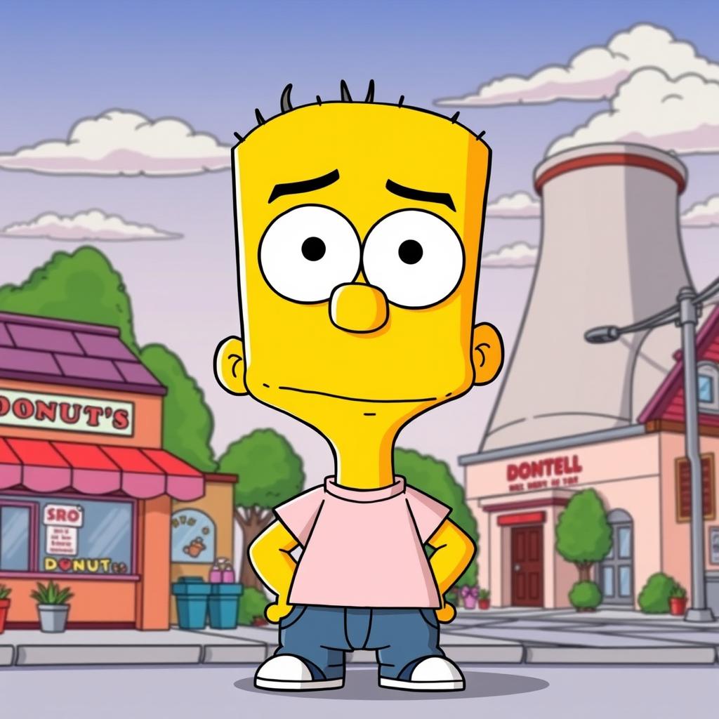 A quirky cartoon character inspired by the style of 'The Simpsons', with exaggerated features like big eyes, an overbite, and a bright yellow skin tone