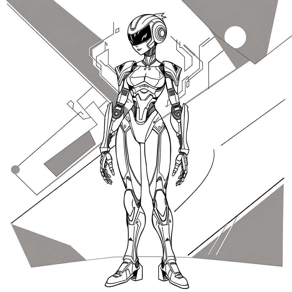A black and white coloring page featuring a futuristic female robot