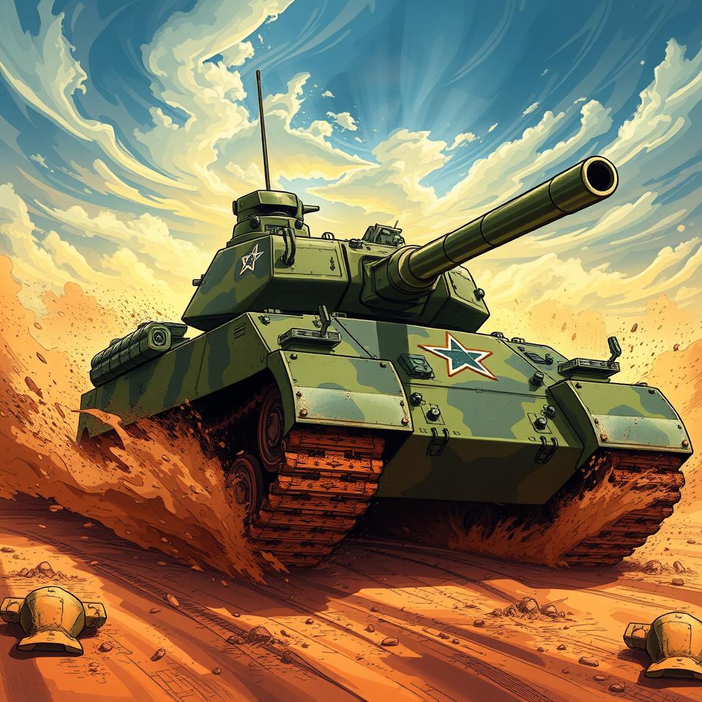 A vibrant and dynamic illustration of a Tzevet Lavi tank, showcasing its powerful presence on a dusty battlefield