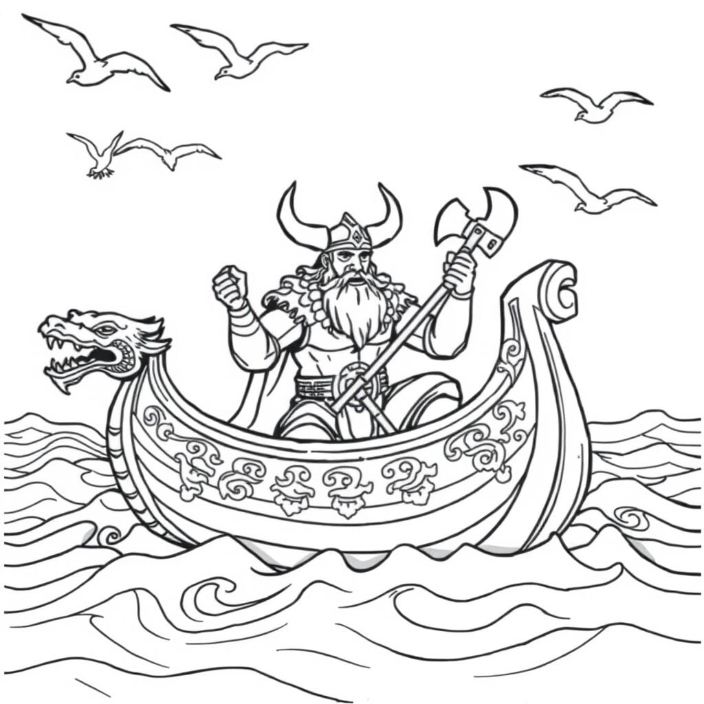 A black and white coloring page featuring a Viking warrior in a traditional longboat