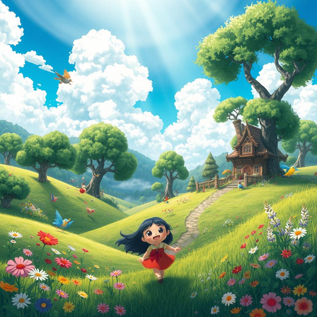 A scene inspired by Studio Ghibli style, depicting an enchanting fantasy landscape filled with lush green hills, whimsical trees, and colorful wildflowers