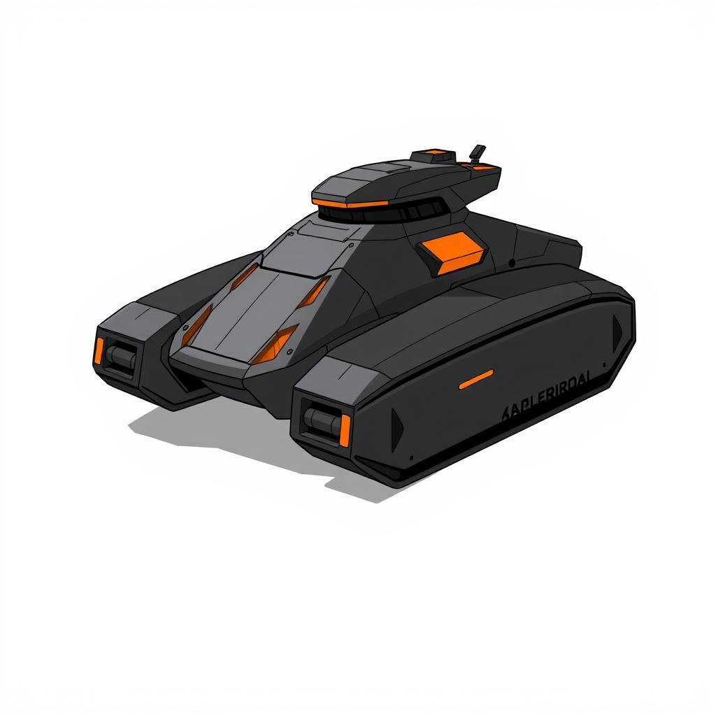 A minimalistic 2D drawing of a futuristic hover tank featuring a sleek, angular design