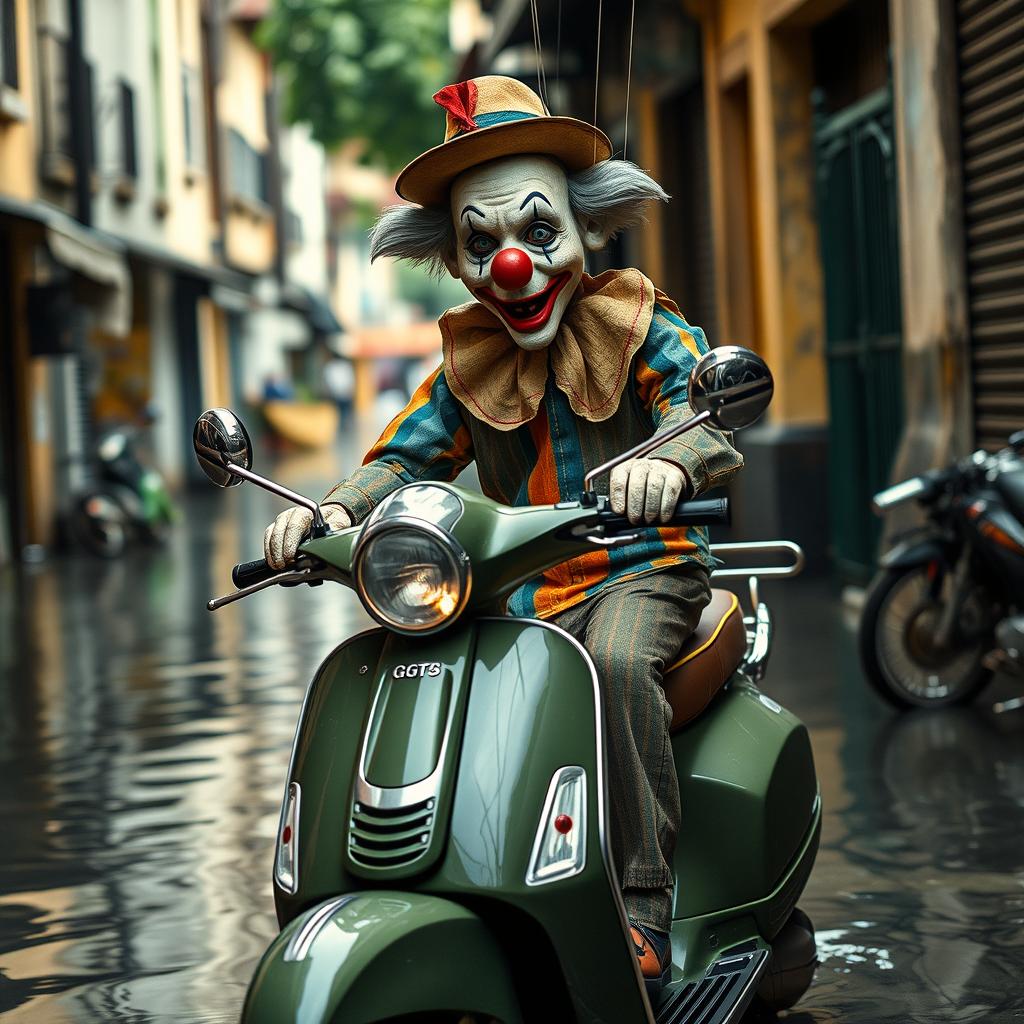 A life-sized old age puppet clown with weathered features and colorful attire, skillfully manipulated by strings, riding an old 2014 army green Vespa GTS scooter