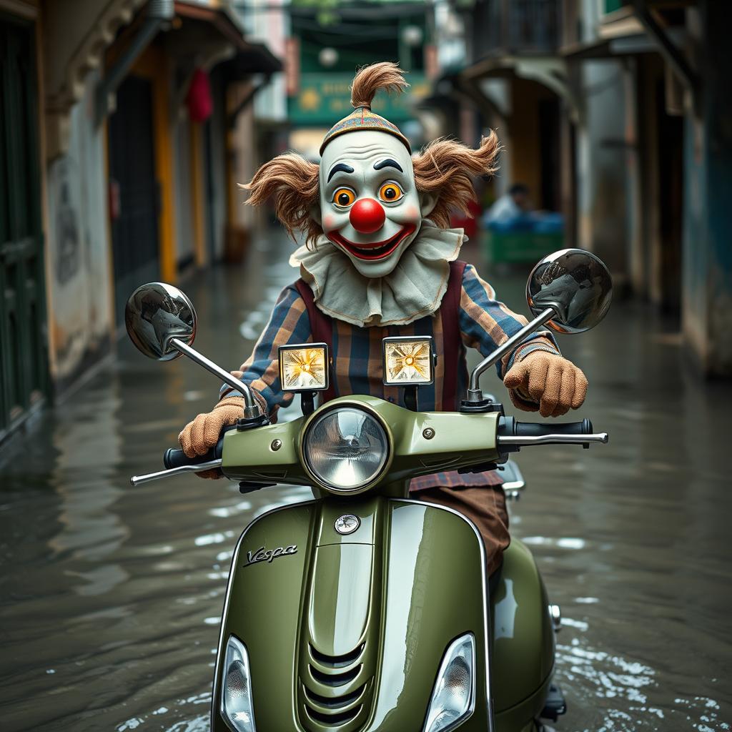 A full view of a life-sized old age puppet clown with intricate details and a whimsical expression, riding an old 2014 army green Vespa GTS scooter, also in full view