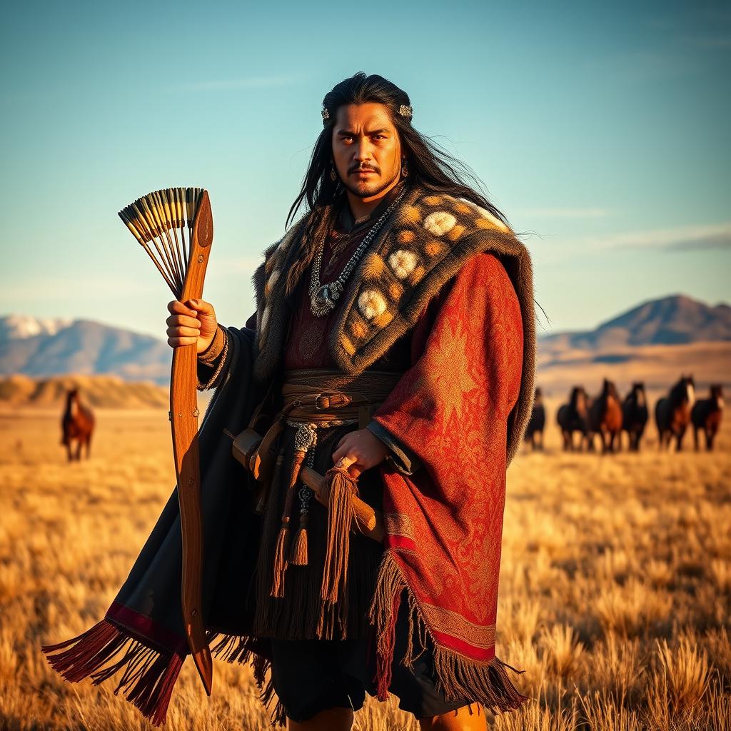 A majestic Mongolian hero standing atop a vast grassland, wearing traditional warrior attire including a richly embroidered deel and a heavy fur-lined cloak