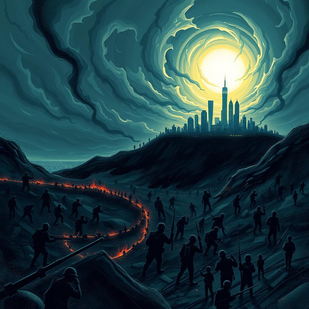 An abstract representation of the concept "Kill millions to raise billions," depicted through a dramatic and vivid illustration