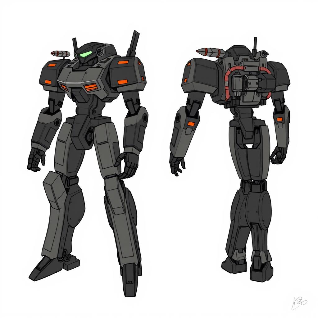 A 2D simple drawing of a battlemech exosuit, designed to be 15 feet tall, acting as an exosuit that is three times the size of the pilot