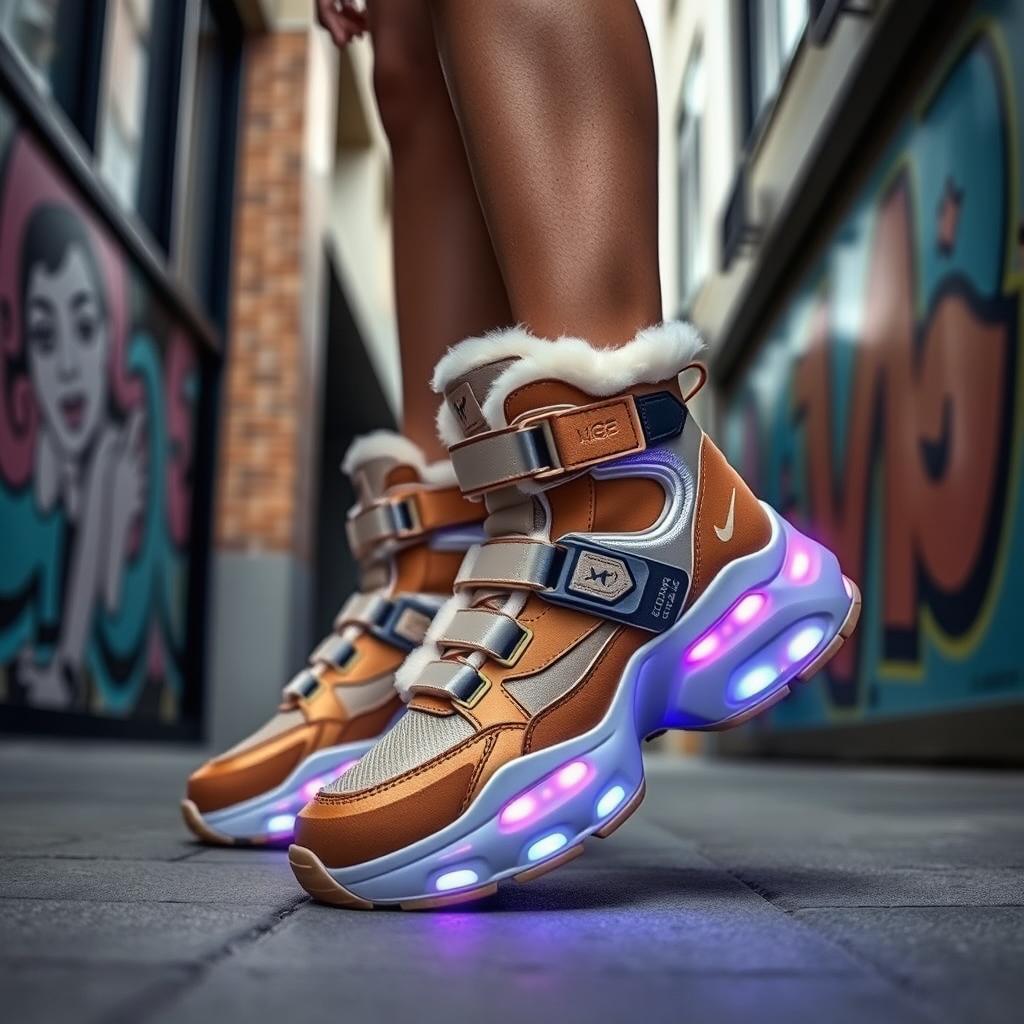 A unique footwear design concept that combines the luxurious feel of UGG boots with the futuristic aesthetic of Nike Air Mags