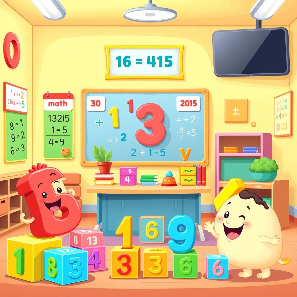 An engaging and colorful educational scene designed for young children, focusing on teaching math and numbers