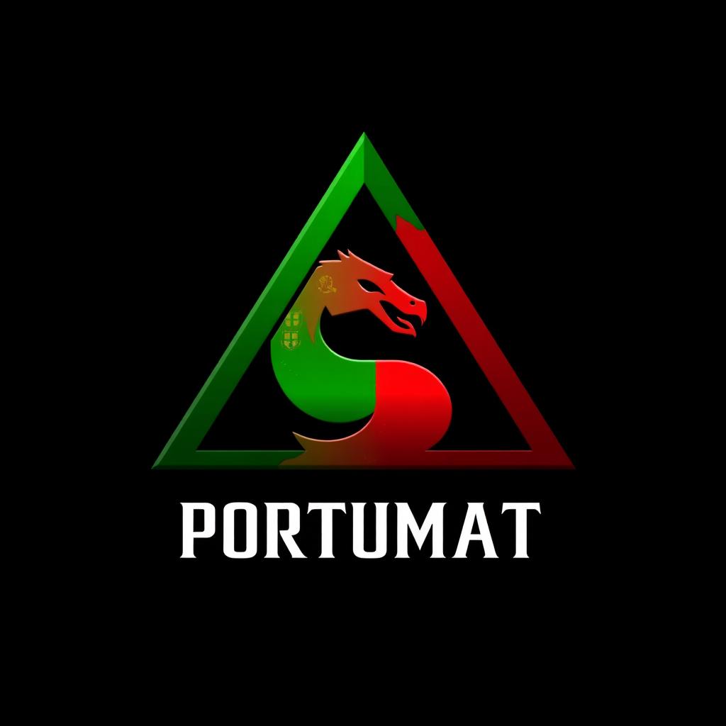 A logo design featuring a triangle divided to incorporate the elements of the Portuguese flag, with a smaller version of the flag set against a black background