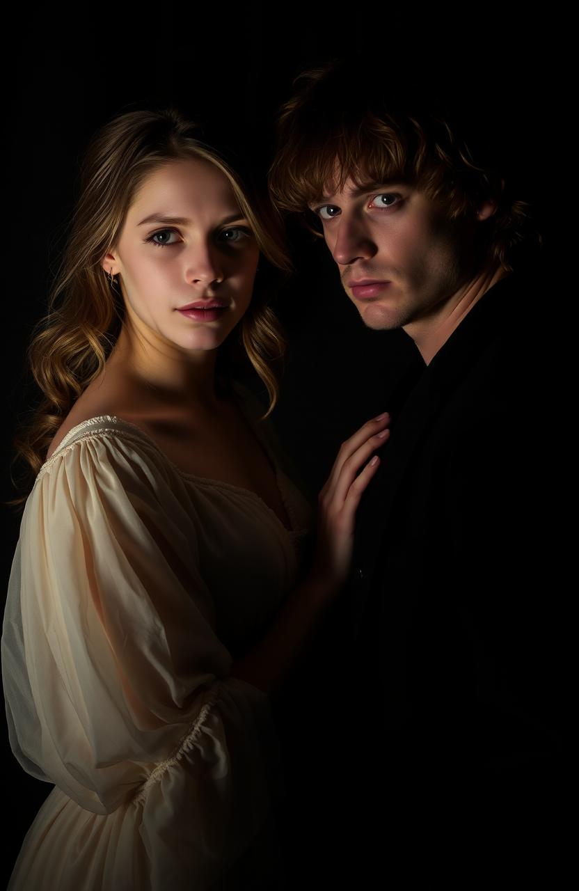 A dramatic scene representing shadows of forbidden love between a girl and a man