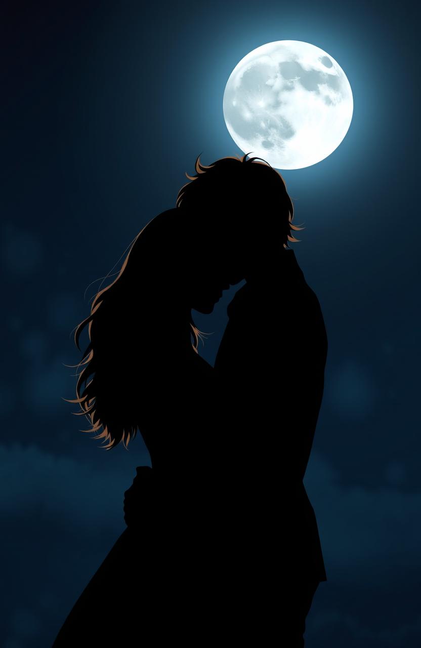 Shadows of forbidden love depicted as silhouettes under the moon, featuring a girl with light brown hair and a man with slightly long red hair, intertwined in a romantic pose