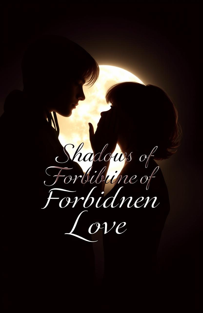 A beautiful scene depicting the shadows of a girl with light brown hair and a man with slightly long red hair, intertwined under a full moon, creating an atmosphere of forbidden love